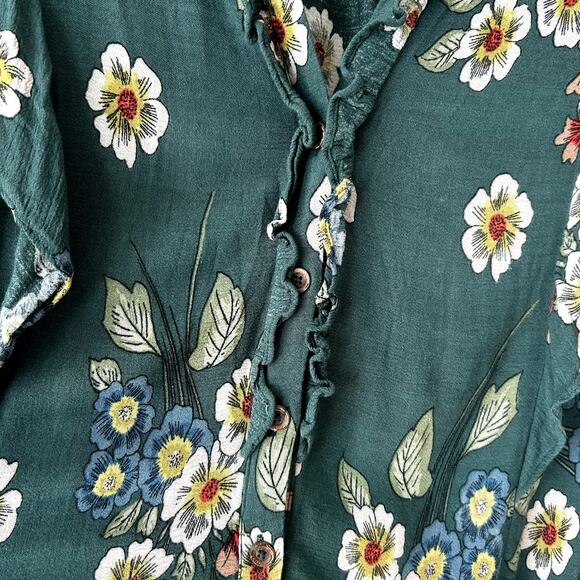 Democracy Jumpsuit Size L Floral Drawstring Waist Pants Green Romper Button Up - Picture 3 of 9
